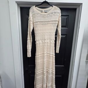 Anthropologie Cream Crochet Long-Sleeve Maxi Dress